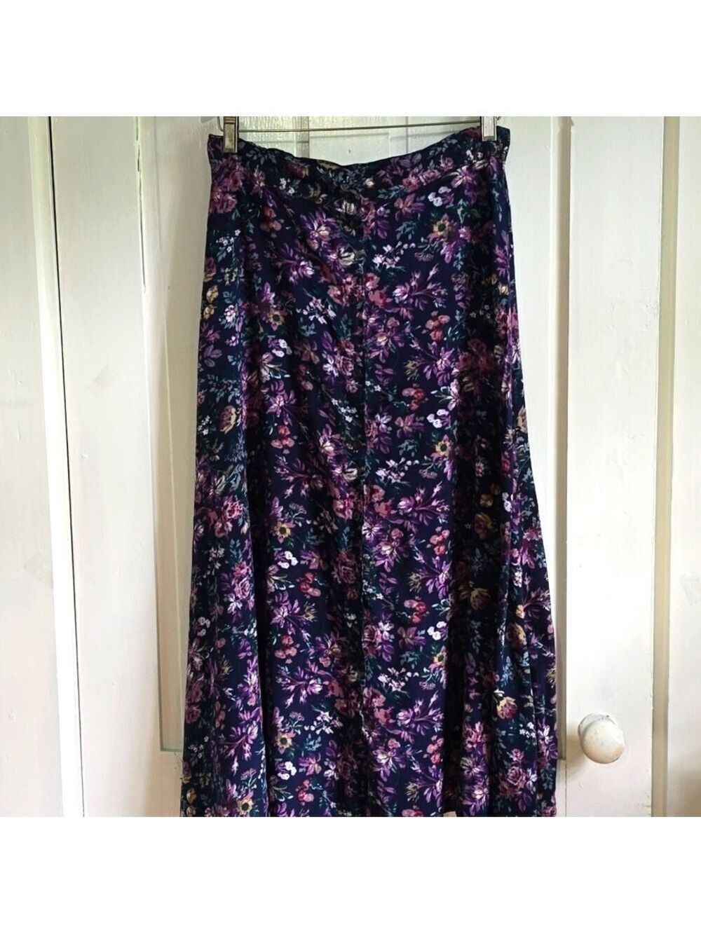 Vintage Dark Floral Button Front A Line Rayon Maxi Skirt